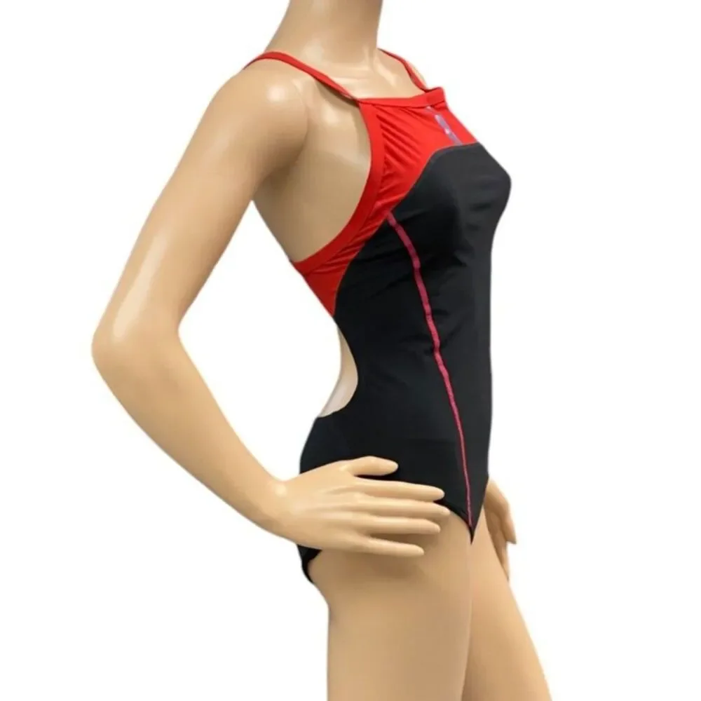 SPEEDO Women's Black/Red PowerPlus Drill Back One-Piece Bathing Swimsuit 10/36